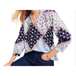 Loft Womens Romantic Patchwork Print Linen Blend Split Neck Top Size Small NWT